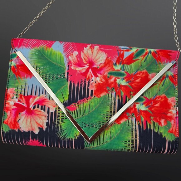 Aldo Tropical Floral Print Bag Hibiscus Summer Clutch Envelope Chain Strap - Picture 2 of 9